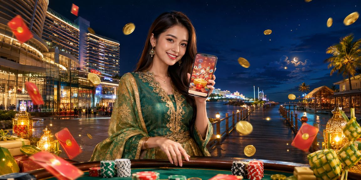 Pemain mengakses bonus slot dengan tema sampul merah Hari Raya di Genting Highlands menggunakan aplikasi mudah alih ben10